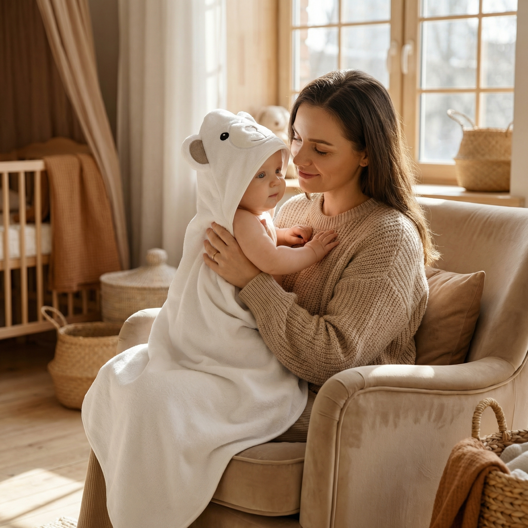 Mother holding baby wrapped in a soft hooded towel